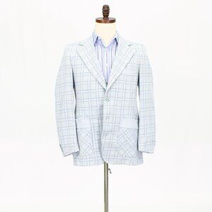 Vintage 1970s 40R Blue Check 2-Button Sport Coat Blazer Jacket T574